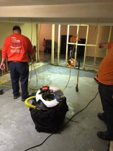 Water Damage Restoration Technicians Cleaning Carpet After A Flood